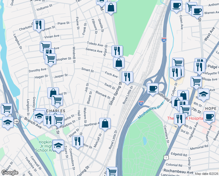 map of restaurants, bars, coffee shops, grocery stores, and more near 19 Swift Street in Providence