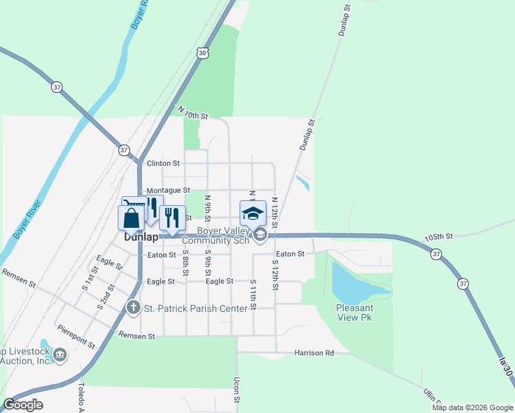 map of restaurants, bars, coffee shops, grocery stores, and more near 207 North 11th Street in Dunlap