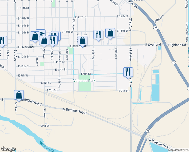 map of restaurants, bars, coffee shops, grocery stores, and more near 3 Erin Lane in Scottsbluff