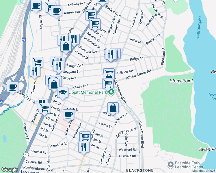 map of restaurants, bars, coffee shops, grocery stores, and more near 201 Chace Avenue in Providence