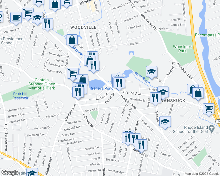 map of restaurants, bars, coffee shops, grocery stores, and more near 1081 Douglas Avenue in Providence