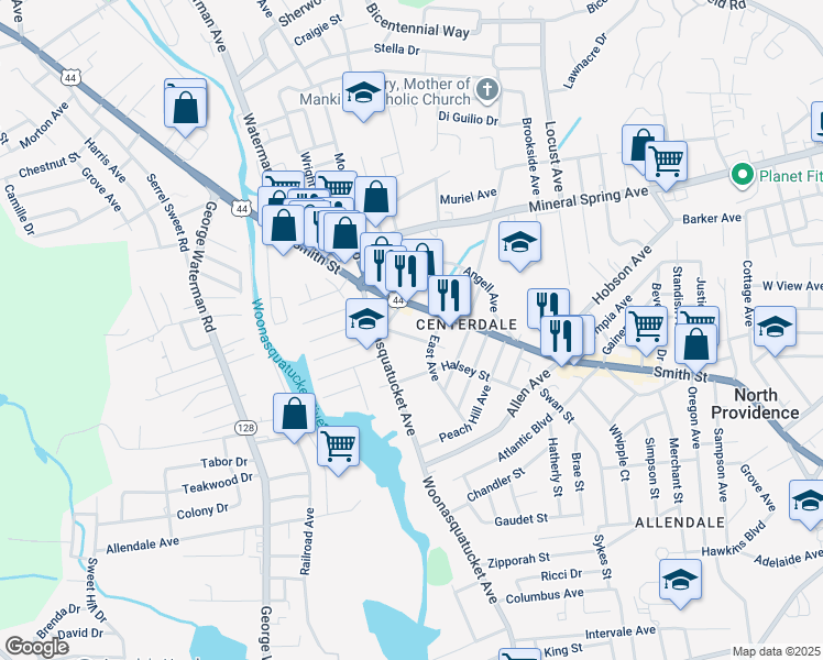 map of restaurants, bars, coffee shops, grocery stores, and more near 1934 Smith Street in North Providence
