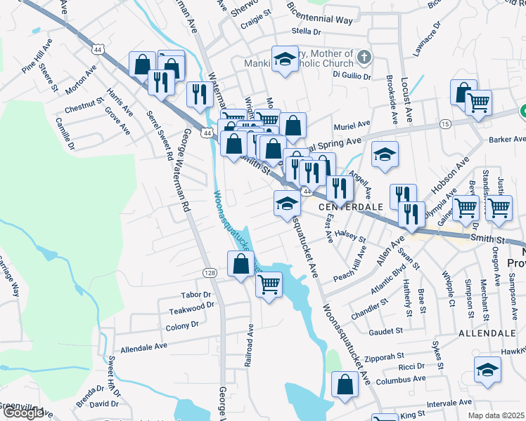 map of restaurants, bars, coffee shops, grocery stores, and more near 24 Grover Street in North Providence