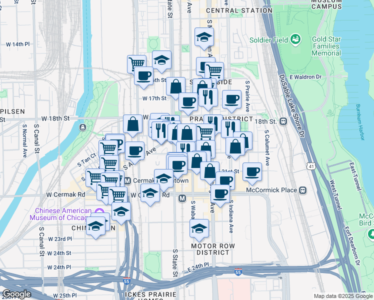 map of restaurants, bars, coffee shops, grocery stores, and more near 1918 South Wabash Avenue in Chicago