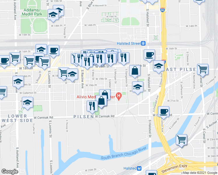 map of restaurants, bars, coffee shops, grocery stores, and more near in Chicago