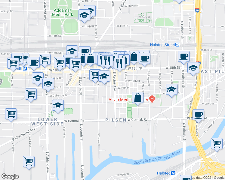 map of restaurants, bars, coffee shops, grocery stores, and more near in Chicago