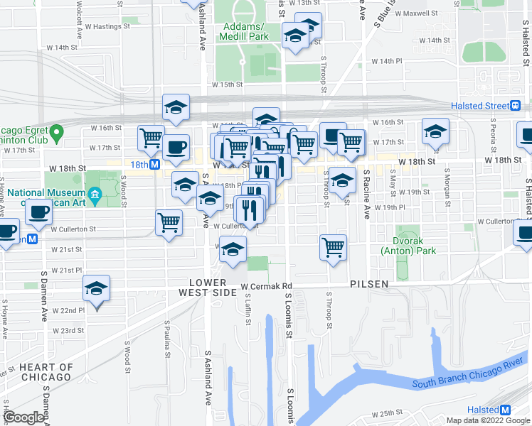 map of restaurants, bars, coffee shops, grocery stores, and more near 1900 South Blue Island Avenue in Chicago
