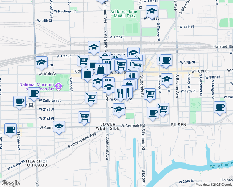 map of restaurants, bars, coffee shops, grocery stores, and more near 1517 West 19th Street in Chicago
