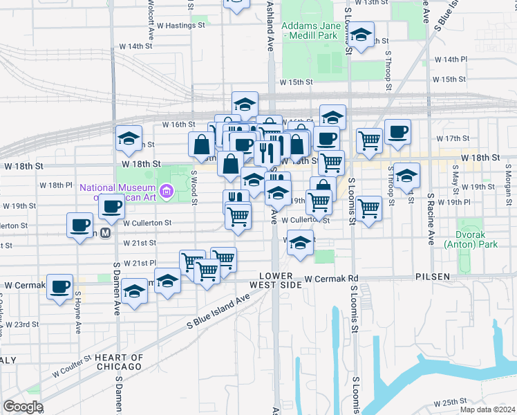 map of restaurants, bars, coffee shops, grocery stores, and more near 1633 West 19th Street in Chicago