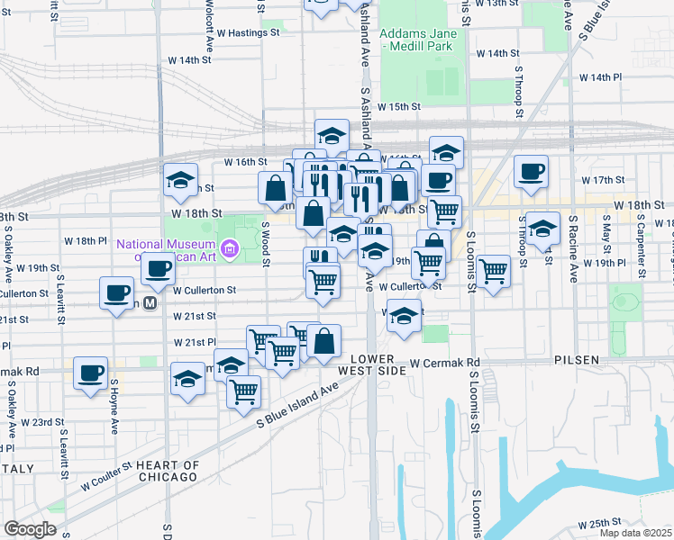 map of restaurants, bars, coffee shops, grocery stores, and more near 1633 West 19th Street in Chicago