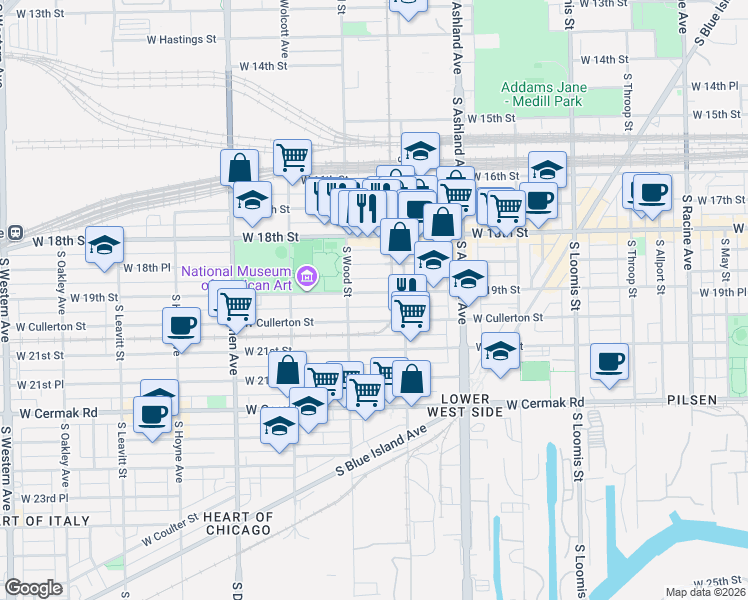 map of restaurants, bars, coffee shops, grocery stores, and more near 1748 West 19th Street in Chicago
