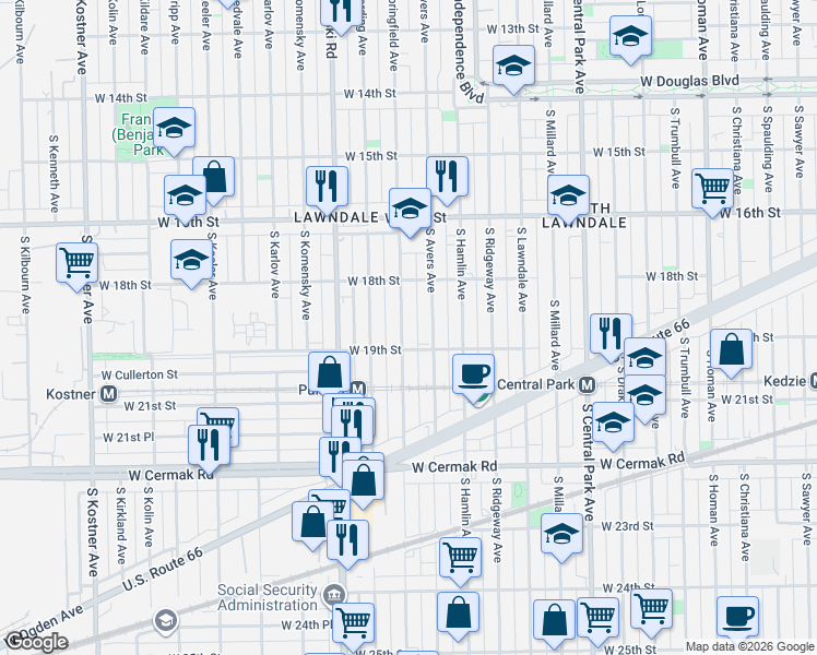 map of restaurants, bars, coffee shops, grocery stores, and more near 1834 South Avers Avenue in Chicago