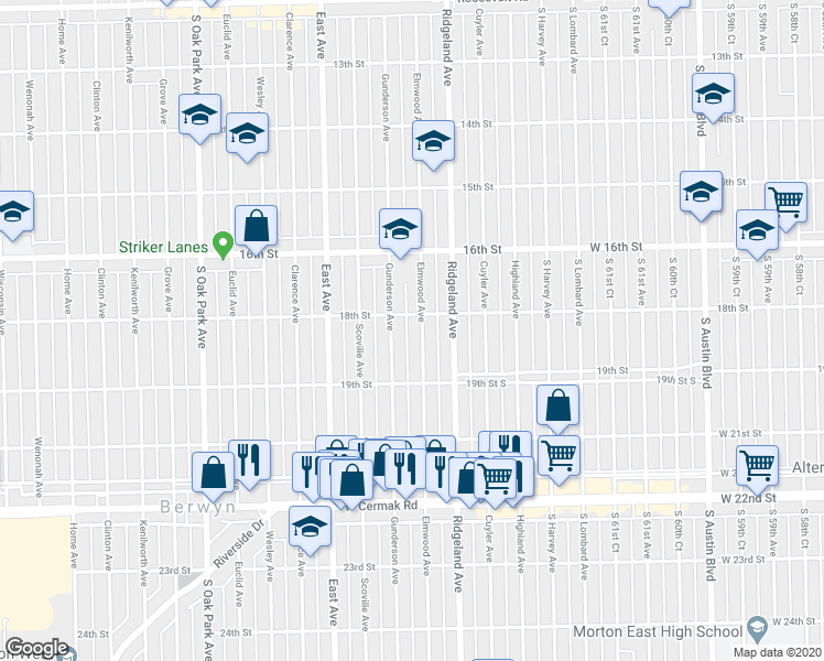 map of restaurants, bars, coffee shops, grocery stores, and more near 6446 18th Street in Berwyn