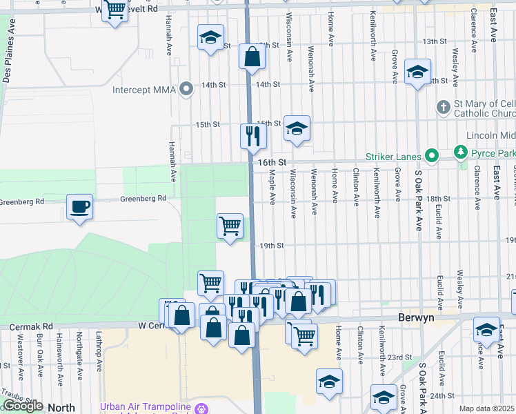 map of restaurants, bars, coffee shops, grocery stores, and more near 1730 South Harlem Avenue in North Riverside