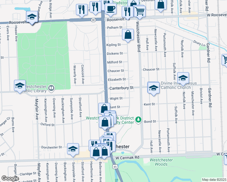 map of restaurants, bars, coffee shops, grocery stores, and more near 1031 Canterbury Street in Westchester