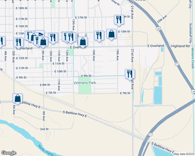 map of restaurants, bars, coffee shops, grocery stores, and more near 3 Erin Lane in Scottsbluff