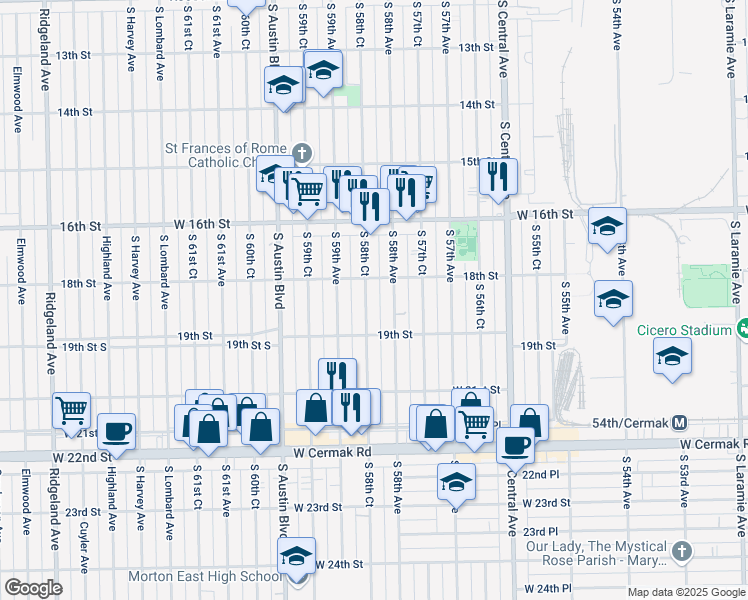 map of restaurants, bars, coffee shops, grocery stores, and more near 1806 South 58th Avenue in Cicero