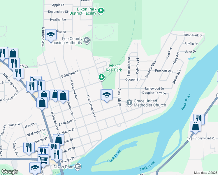 map of restaurants, bars, coffee shops, grocery stores, and more near 716 Washington Avenue in Dixon