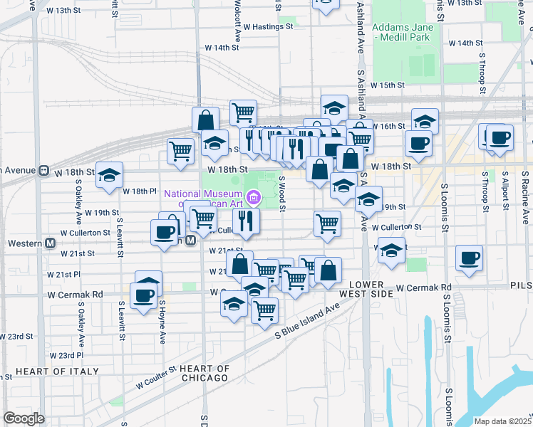 map of restaurants, bars, coffee shops, grocery stores, and more near 1823 West 19th Street in Chicago
