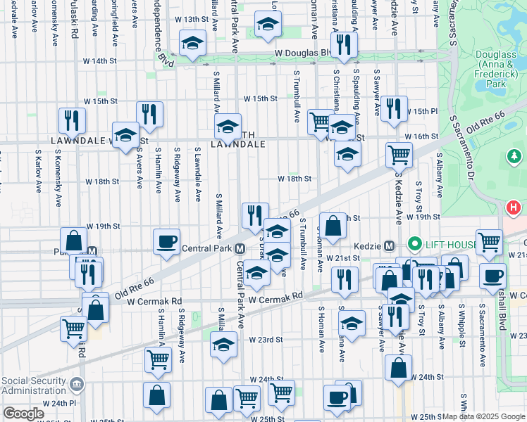 map of restaurants, bars, coffee shops, grocery stores, and more near 1849 South Drake Avenue in Chicago