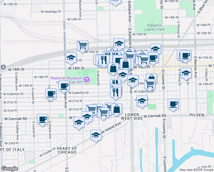 map of restaurants, bars, coffee shops, grocery stores, and more near 1727 West 19th Street in Chicago