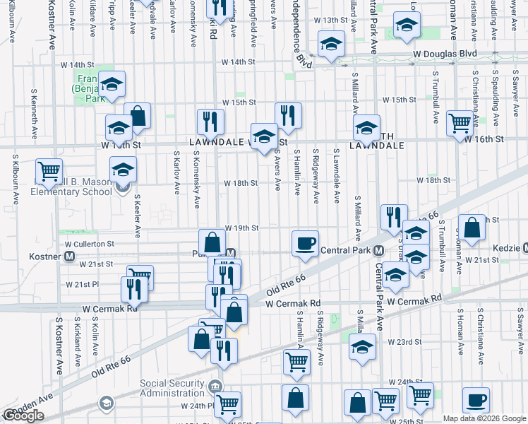 map of restaurants, bars, coffee shops, grocery stores, and more near 1845 South Springfield Avenue in Chicago