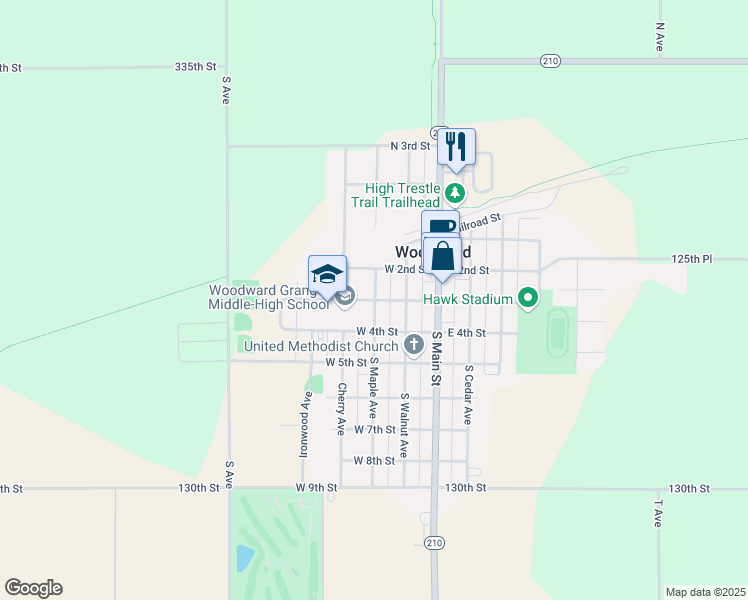 map of restaurants, bars, coffee shops, grocery stores, and more near 306 West 3rd Street in Woodward