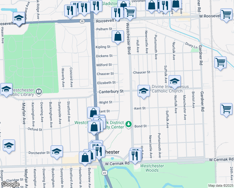 map of restaurants, bars, coffee shops, grocery stores, and more near 1600 Balmoral Avenue in Westchester