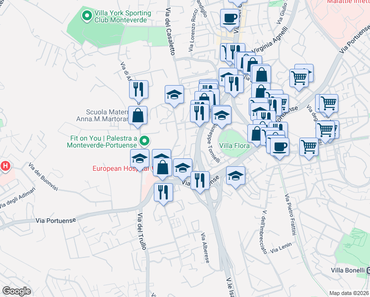 map of restaurants, bars, coffee shops, grocery stores, and more near Via Tommaso Vallauri in Roma