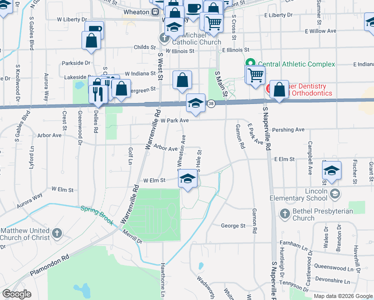 map of restaurants, bars, coffee shops, grocery stores, and more near 904 South Hale Street in Wheaton