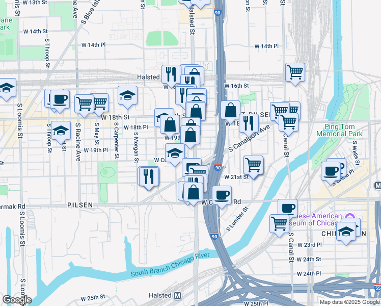 map of restaurants, bars, coffee shops, grocery stores, and more near in Chicago