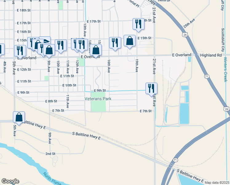 map of restaurants, bars, coffee shops, grocery stores, and more near 3 Erin Lane in Scottsbluff