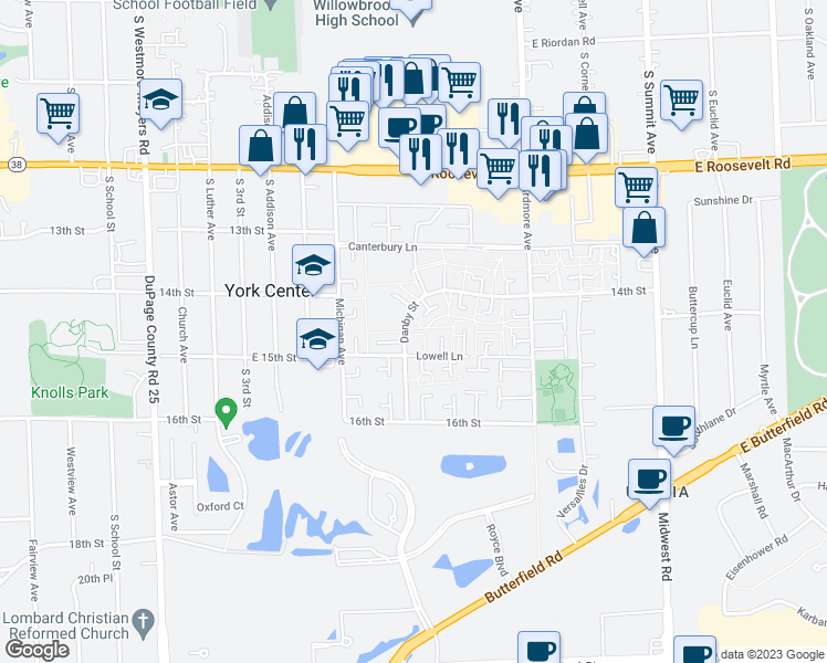map of restaurants, bars, coffee shops, grocery stores, and more near 18W179 Standish Lane in Villa Park