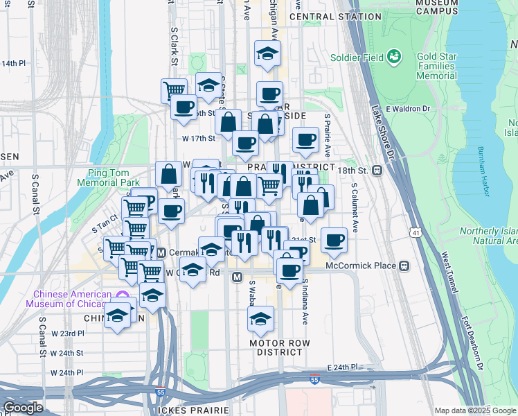 map of restaurants, bars, coffee shops, grocery stores, and more near 1918 South Wabash Avenue in Chicago