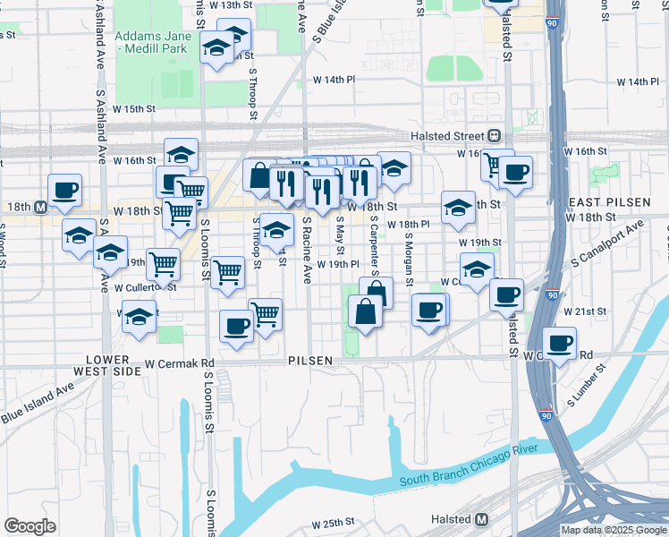 map of restaurants, bars, coffee shops, grocery stores, and more near 1160 West 19th Place in Chicago