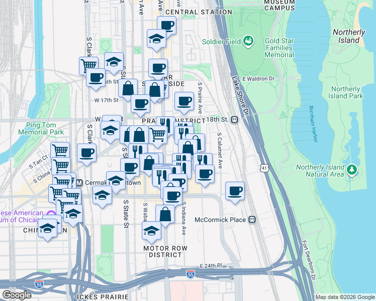 map of restaurants, bars, coffee shops, grocery stores, and more near 212 East Cullerton Street in Chicago