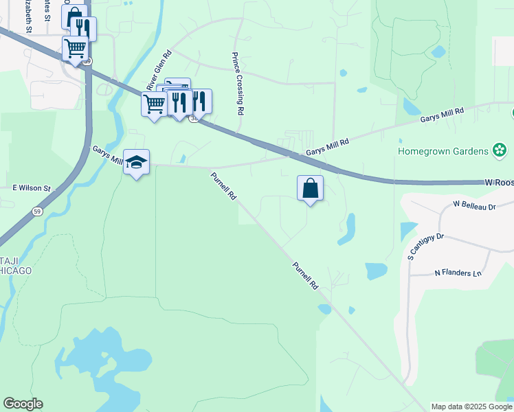 map of restaurants, bars, coffee shops, grocery stores, and more near 28W700 Purnell Road in West Chicago