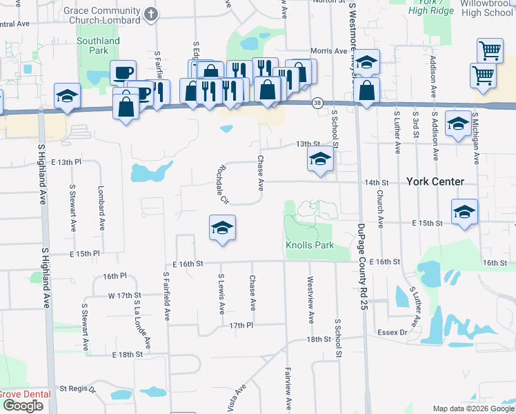 map of restaurants, bars, coffee shops, grocery stores, and more near 19W161 Rochdale Circle in Lombard