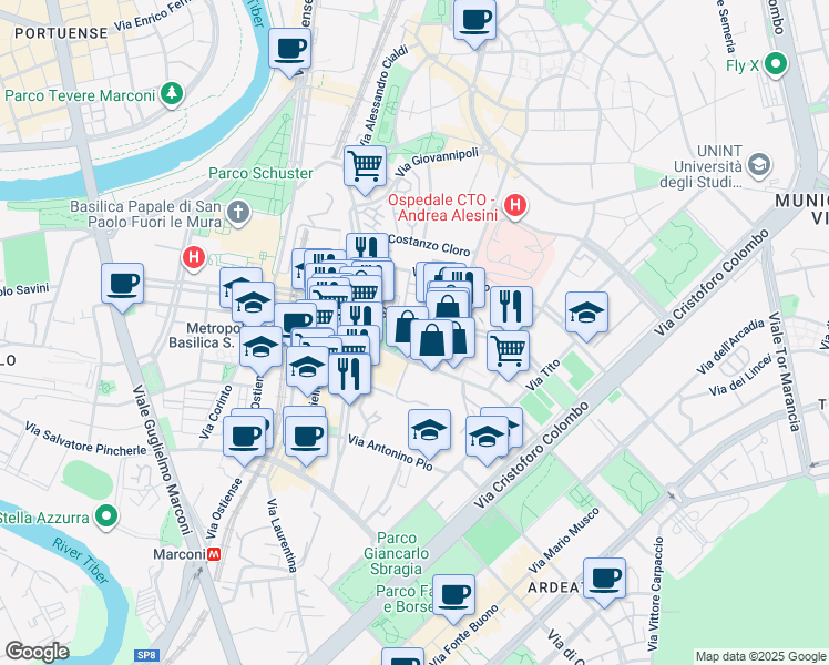 map of restaurants, bars, coffee shops, grocery stores, and more near 140 Viale Giustiniano Imperatore in Rome