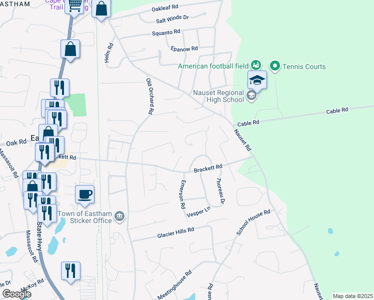 map of restaurants, bars, coffee shops, grocery stores, and more near 160 Captain Penniman Road in Eastham