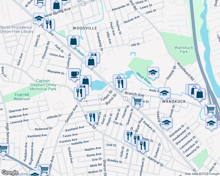 map of restaurants, bars, coffee shops, grocery stores, and more near 1081 Douglas Avenue in Providence