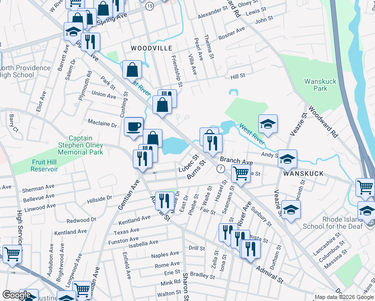 map of restaurants, bars, coffee shops, grocery stores, and more near 1100 Douglas Avenue in Providence