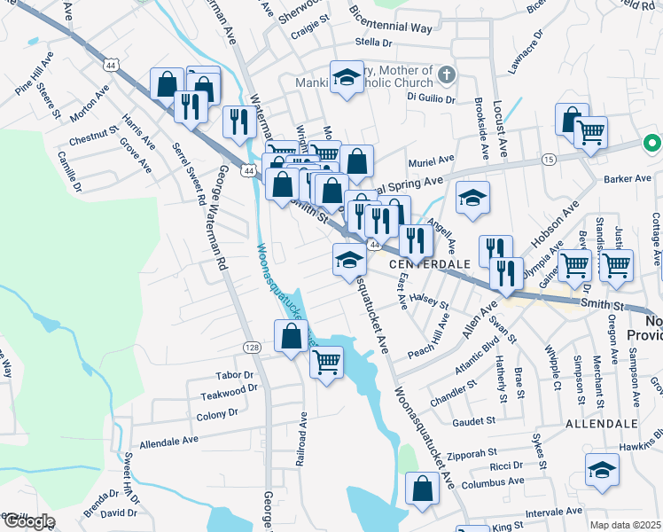 map of restaurants, bars, coffee shops, grocery stores, and more near 24 Grover Street in North Providence