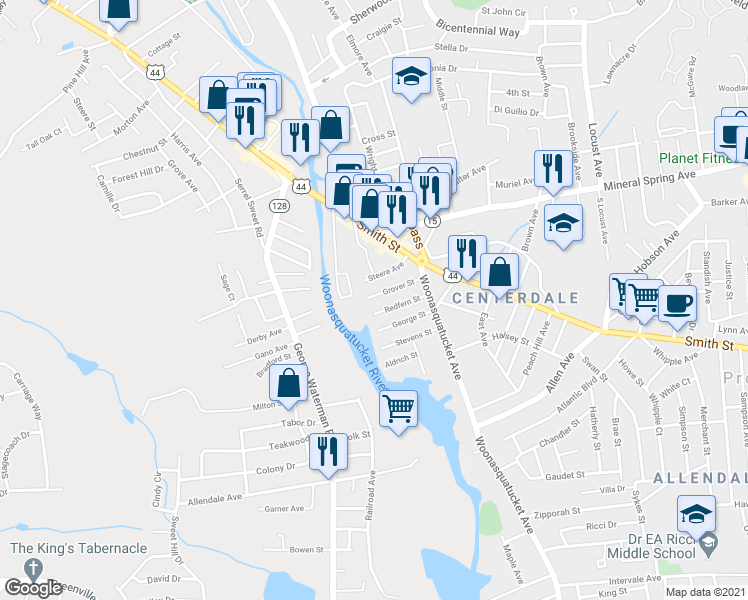 map of restaurants, bars, coffee shops, grocery stores, and more near 45 Grover Street in North Providence