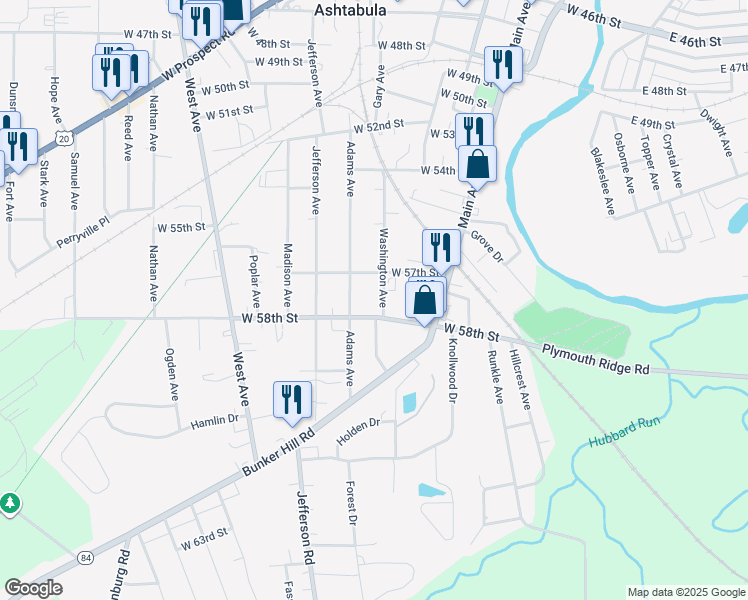 map of restaurants, bars, coffee shops, grocery stores, and more near 5725 Washington Avenue in Ashtabula