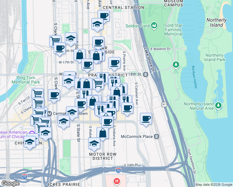 map of restaurants, bars, coffee shops, grocery stores, and more near 212 East Cullerton Street in Chicago