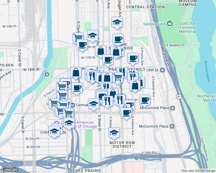 map of restaurants, bars, coffee shops, grocery stores, and more near 1918 South Wabash Avenue in Chicago