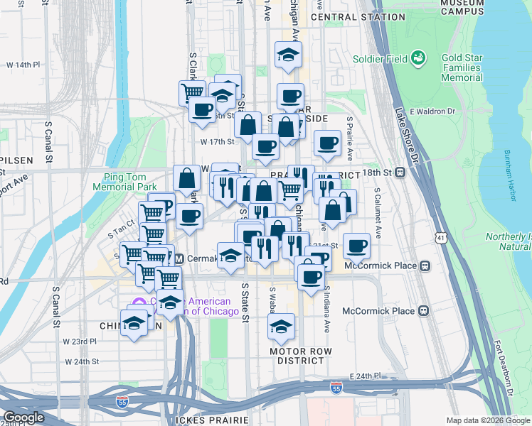 map of restaurants, bars, coffee shops, grocery stores, and more near 1918 South Wabash Avenue in Chicago