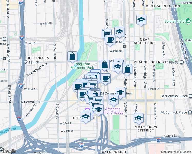 map of restaurants, bars, coffee shops, grocery stores, and more near 1901 South Wentworth Avenue in Chicago
