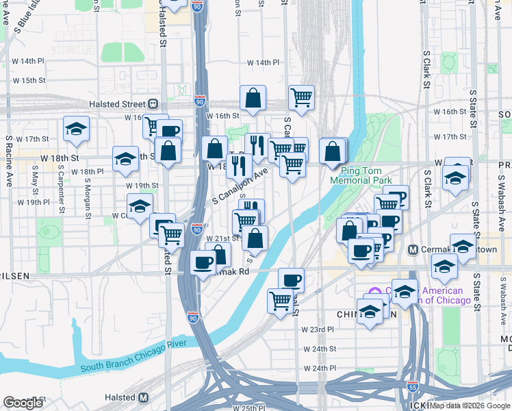 map of restaurants, bars, coffee shops, grocery stores, and more near 542 West Cullerton Street in Chicago